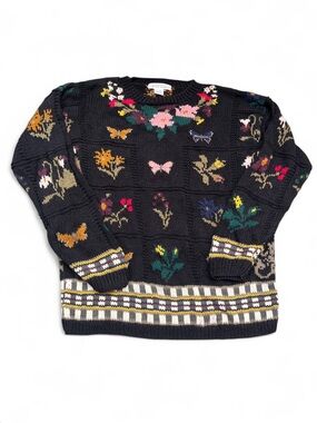 Vintage M cotton butterflies Black Floral Intarsia Crewneck Sweater limited exp